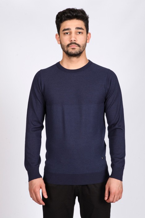 LIGHT DARK BLUE COLOR EMBOSSED TEXTURED WOOL SWEATER