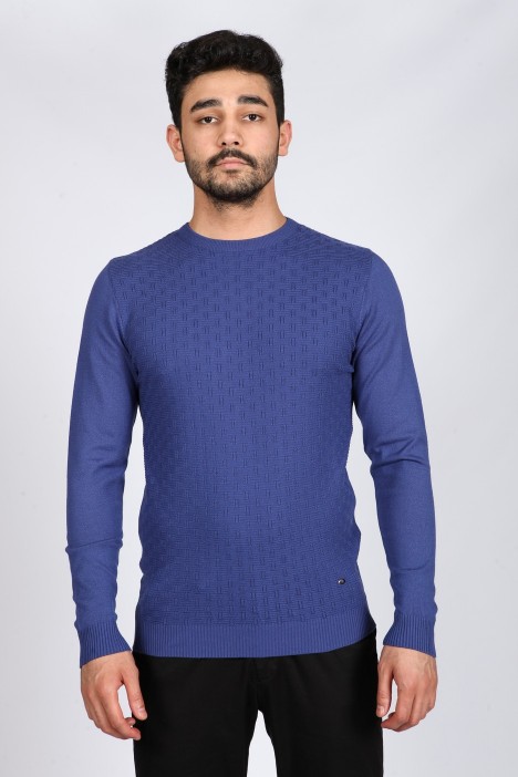 DARK SAX BLUE COLOR CREW- NECK SLİM-FİT WOOL SWEATHER