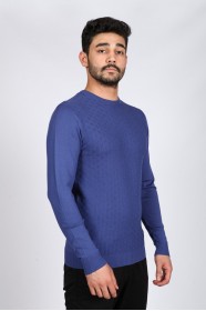 DARK SAX BLUE COLOR CREW- NECK SLİM-FİT WOOL SWEATHER