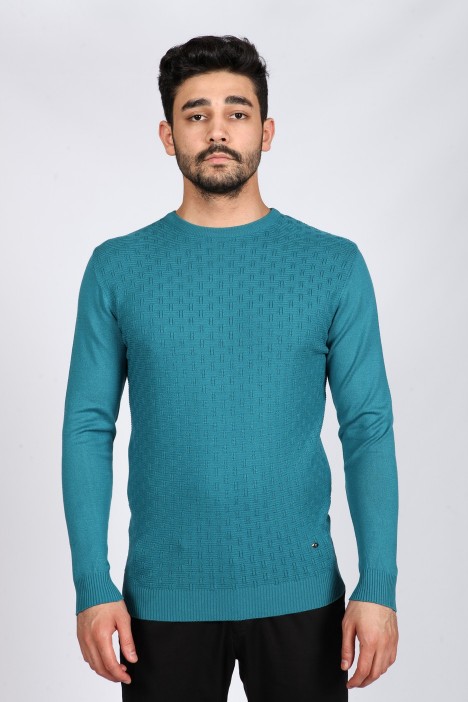 LIGHT PETROIL COLOR CREW- NECK SLİM-FİT WOOL SWEATHER