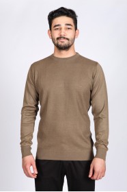 ROUND NECK WOOL SWEATER. MEDIUM BROWN 