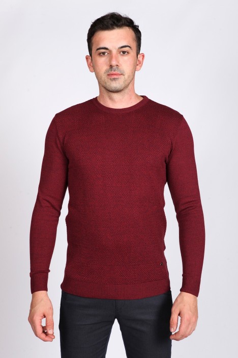 BORDEAUX - NAVY BLUE COLOR CREW- NECK SLİM-FİT WOOL SWEATHER