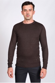BROWN- NAVY BLUE COLOR CREW- NECK SLİM-FİT WOOL SWEATHER