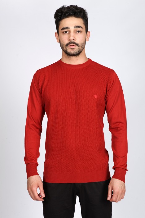 ROUND NECK WOOL SWEATER. BRICK-COLOR