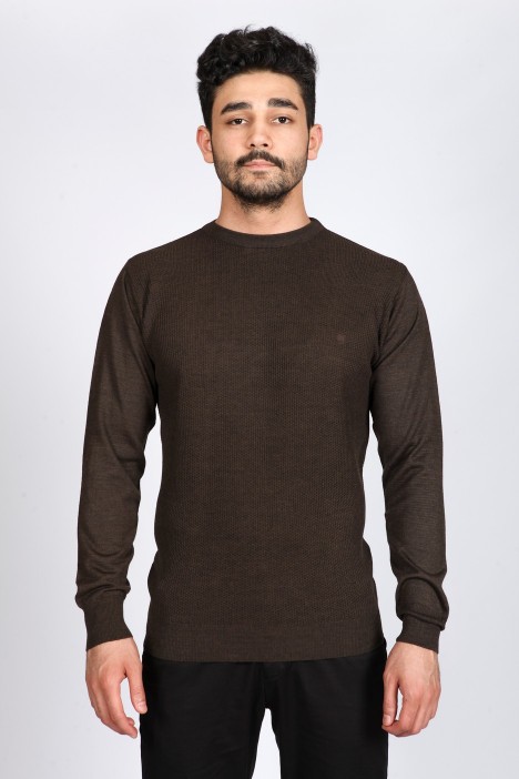 ROUND NECK WOOL SWEATER. MELANGE-BROWN 
