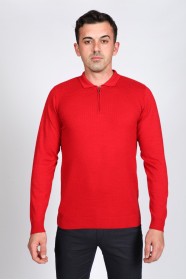 RED COLOR EMBOSSED TEXTURE DETAILED POLO ZIPPERED SWEATER