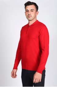 RED COLOR EMBOSSED TEXTURE DETAILED POLO ZIPPERED SWEATER