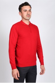 RED COLOR EMBOSSED TEXTURE DETAILED POLO ZIPPERED SWEATER