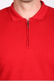 RED COLOR EMBOSSED TEXTURE DETAILED POLO ZIPPERED SWEATER
