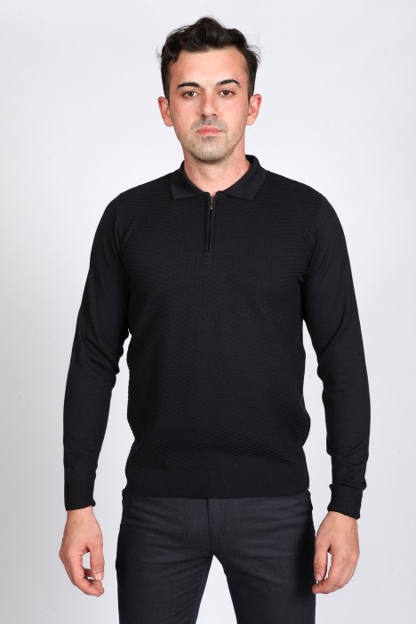 NAVY BLUE COLOR EMBOSSED TEXTURE DETAILED POLO ZIPPERED SWEATER