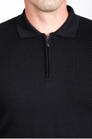 NAVY BLUE COLOR EMBOSSED TEXTURE DETAILED POLO ZIPPERED SWEATER