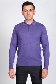 LILAC COLOR EMBOSSED TEXTURE DETAILED POLO ZIPPERED SWEATER