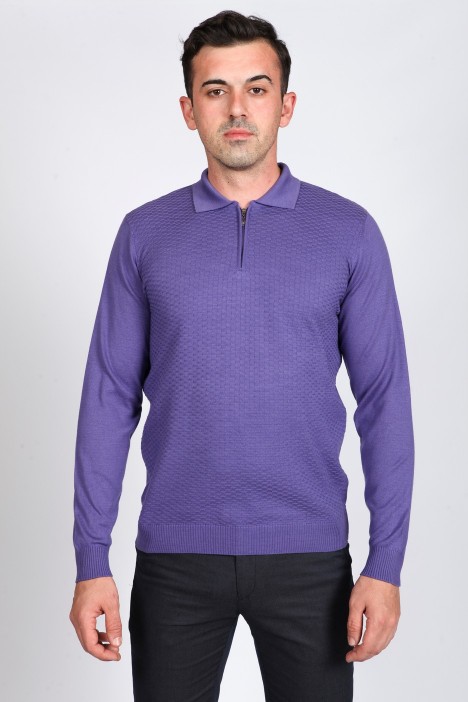 LILAC COLOR EMBOSSED TEXTURE DETAILED POLO ZIPPERED SWEATER