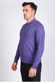 LILAC COLOR EMBOSSED TEXTURE DETAILED POLO ZIPPERED SWEATER