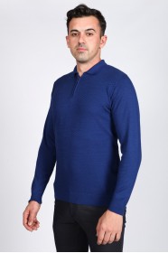 SAX BUE COLOR EMBOSSED TEXTURE DETAILED POLO ZIPPERED SWEATER