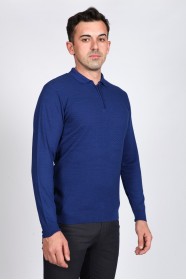 SAX BUE COLOR EMBOSSED TEXTURE DETAILED POLO ZIPPERED SWEATER