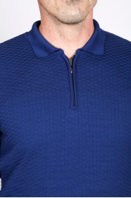 SAX BUE COLOR EMBOSSED TEXTURE DETAILED POLO ZIPPERED SWEATER