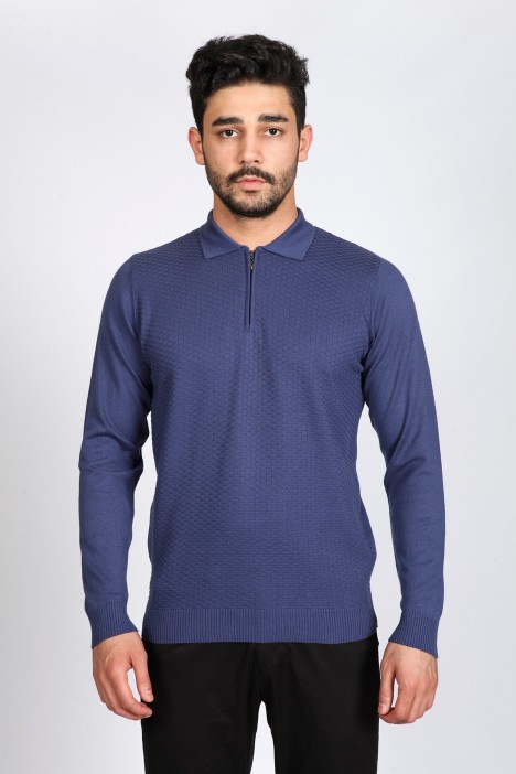 PARLIAMENT COLOR EMBOSSED TEXTURE DETAILED POLO ZIPPERED SWEATER