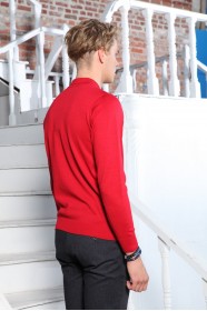 RED COLOR EMBOSSED TEXTURE DETAILED POLO ZIPPERED SWEATER