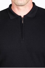 NAVY BLUE COLOR EMBOSSED TEXTURE DETAILED POLO ZIPPERED SWEATER