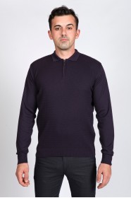 DARK PURPLE COLOR EMBOSSED TEXTURE DETAILED POLO ZIPPERED SWEATER