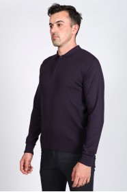 DARK PURPLE COLOR EMBOSSED TEXTURE DETAILED POLO ZIPPERED SWEATER