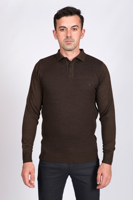 MELANGE BROWN POLO COLLAR WOOL SWEATER