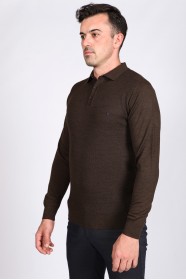 MELANGE BROWN POLO COLLAR WOOL SWEATER