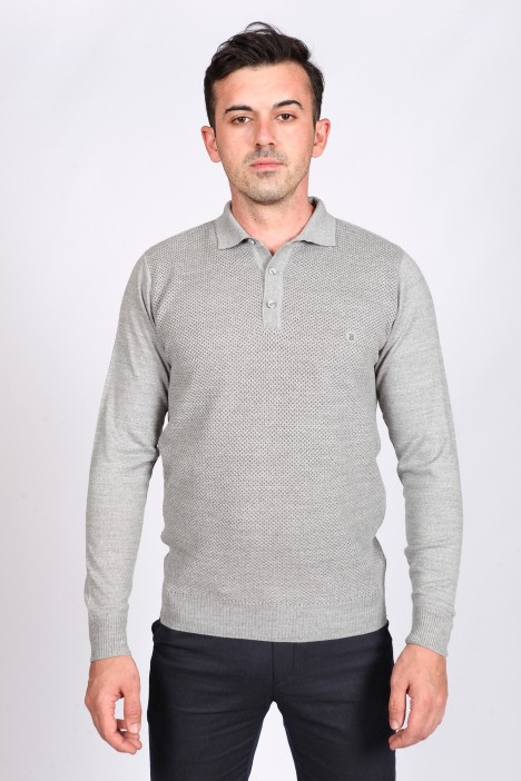 MEDIUM GRAY POLO COLLAR WOOL SWEATER