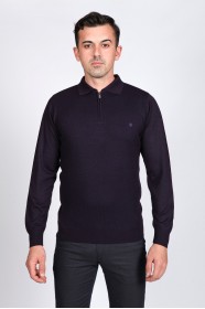 DARK PURPLE COLOR ZİP-NECK POLO SWEATHER WİTH WOOL