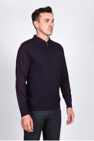 DARK PURPLE COLOR ZİP-NECK POLO SWEATHER WİTH WOOL