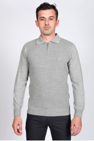 MEDIUM GRAY COLOR ZİP-NECK POLO SWEATHER WİTH WOOL