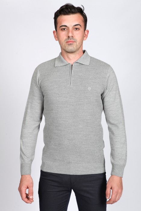 MEDIUM GRAY COLOR ZİP-NECK POLO SWEATHER WİTH WOOL