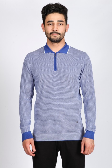 BLUE COLOR COTTON ZİP-NECK SWEATHER