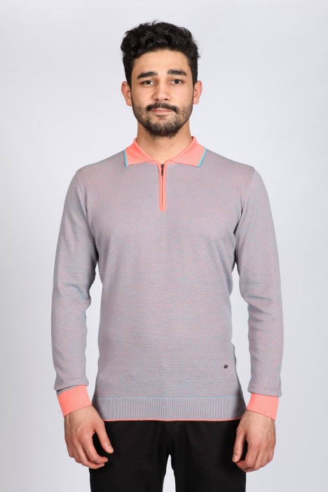 LIGHT BRICK COLOR COTTON ZİP-NECK SWEATHER