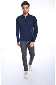 NAVY BLUE COLOR ZİP-NECK POLO SWEATHER WİTH WOOL