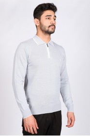 BONE-WHİTE COLOR ZİP-NECK POLO SWEATHER WİTH WOOL