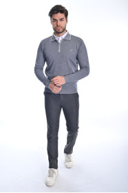 MEDIUM GRAY COLOR ZİP-NECK POLO SWEATHER WİTH WOOL