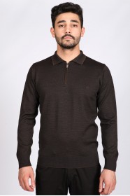 MELANGE BROWN (VERSION-2) COLOR ZİP-NECK POLO SWEATHER WİTH WOOL