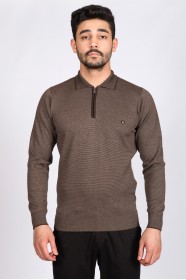 MELANGE BROWN COLOR ZİP-NECK POLO SWEATHER WİTH WOOL