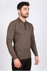 MELANGE BROWN COLOR ZİP-NECK POLO SWEATHER WİTH WOOL