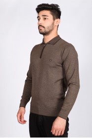 MELANGE BROWN COLOR ZİP-NECK POLO SWEATHER WİTH WOOL