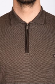 MELANGE BROWN COLOR ZİP-NECK POLO SWEATHER WİTH WOOL