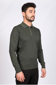 MELANGE KHAKI COLOR ZİP-NECK POLO SWEATHER WİTH WOOL