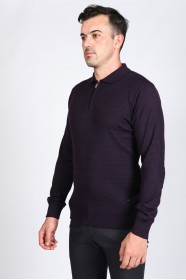 DARK PURPLE COLOR ZİP-NECK POLO SWEATHER WİTH WOOL