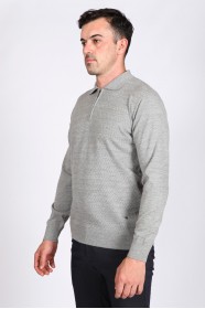 MEDIUM GRAY COLOR ZİP-NECK POLO SWEATHER WİTH WOOL