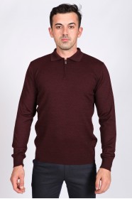 MIDDLE BORDO COLOR ZİP-NECK POLO SWEATHER WİTH WOOL