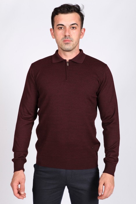 MIDDLE BORDO COLOR ZİP-NECK POLO SWEATHER WİTH WOOL
