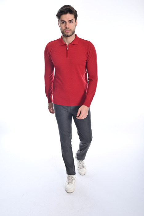 RED COLOR ZİP-NECK POLO SWEATHER WİTH WOOL