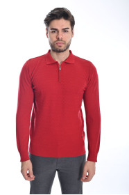 RED COLOR ZİP-NECK POLO SWEATHER WİTH WOOL